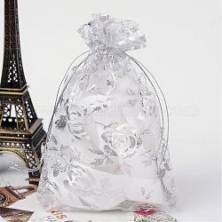 Rose Printed Organza Bags, Gift Bags, Rectangle, White, 14x10cm