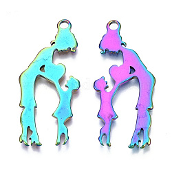 Ion Plating(IP) 201 Stainless Steel Pendants, Family, Rainbow Color, 40x17.5x1mm, Hole: 2mm