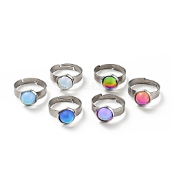 Anello regolabile in vetro piatto tondo k9, 304 gioiello in acciaio inossidabile per donna, colore acciaio inossidabile, colore misto, misura degli stati uniti 6 1/4 (16.7mm), superficie dell'anello: 10x6mm