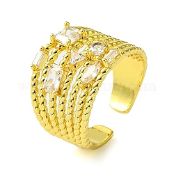 Brass Micro Pave Cubic Zirconia Open Cuff Rings, Multi Lines, Real 16K Gold Plated, US Size 8(18.1mm)