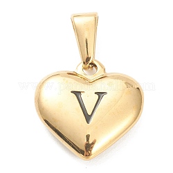 304 Stainless Steel Pendants, Heart with Black Letter, Golden, Letter.V, 16x16x4.5mm, Hole: 7x3mm