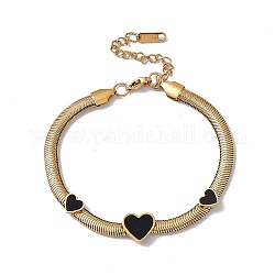 Bracelet à maillons coeur en émail noir avec chaînes serpent plates, 304 bijoux en acier inoxydable pour femme, or, 7-1/2 pouce (19 cm)