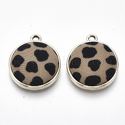 Alloy Pendants, with Cloth, Flat Round, Light Gold, Camel, 23x19x5.5mm, Hole: 2mm