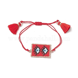Bracelets de perles tressées rectangle de graines japonaises faites à la main, bracelet à breloques pompon pour femme, diagramme de l'oeil, pendentif: 38x22x1.5 mm, diamètre intérieur maximum : 3-1/2 pouce (9 cm)