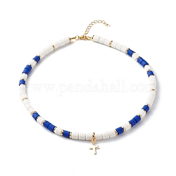 Collane di perline di argilla polimerica, con ciondolo a croce in ottone e perline distanziatrici, blu scuro, 16.54 pollice (420 mm)
