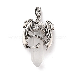 Natural Quartz Crystal Pointed Pendants, Rock Crystal Pendants, Faceted Bullet Charms, with Rack Plating Platinum Tone Alloy Dragon Findings, Cadmium Free & Lead Free, 39~41x24~25x13~14mm, Hole: 4x8mm