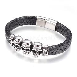 Bracelets de cordon en cuir, avec accessoires en 304 acier inoxydable et les fermoirs magnétiques, crane, argent antique, 8-7/8 pouce (225 mm)