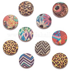 Printed Iron Pendants, Flat Round, Light Gold, Mixed Color, 20x0.5mm, Hole: 1.6mm