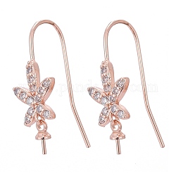 Brass Micro Pave Cubic Zirconia Earring Hooks, for Half Drilled Beads, Long-Lasting Plated, Flower, Clear, Rose Gold, 25mm, 21 Gauge, Pin: 0.7mm