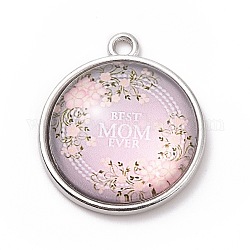 Pendenti in vetro lega tema festa della mamma, piatta e rotonda con la parola, perla rosa, 23.5x20x6mm, Foro: 2 mm