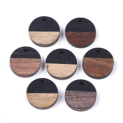 Colgantes de resina y madera de nogal, plano y redondo, negro, 14~15x3~4mm, agujero: 1.8 mm