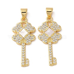 Brass Micro Pave Cubic Zirconia Pendants, with Shell, Key, Real 18K Gold Plated, 27.5x12.5x2mm, Hole: 4.5x3.5mm
