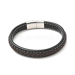 Bracelet cordon plat tressé en cuir de vachette avec 304 fermoirs aimantés en acier inoxydable, bijoux gothiques pour hommes femmes, brun coco, 9-5/8 pouce (24.5 cm)