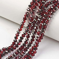 Placcare trasparente perle di vetro fili, metà nero placcato, sfaccettato, rondelle, rosso scuro, 6x5mm, Foro: 1 mm, circa 85~88pcs/filo, 16.1~16.5 pollice (41~42 cm)