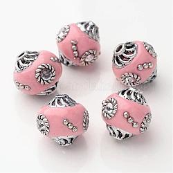 Handmade Indonesia Beads, with Alloy Cores, Round, Antique Silver, Pink, 15x14x14mm, Hole: 2mm