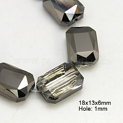 Perlas de vidrio galvanizadas, negro chapado, rectángulo facetas, gris claro, aproximamente 18 mm de largo, 13 mm de ancho, 6 mm de espesor, agujero: 1 mm