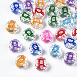 Perles acryliques transparentes transparentes, trou horizontal, plat rond avec lettre de couleurs mélangées, letter.d, 7x3.5mm, Trou: 1.2mm, environ 3700 pcs/500 g