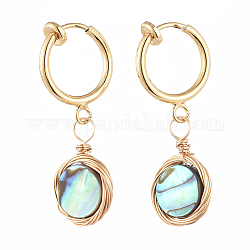 Natural Abalone Shell/Paua Shell Clip-on Hoop Earrings, with 316 Surgical Stainless Steel Clip-on Earrings Findings, Flat Round, Golden, 32mm