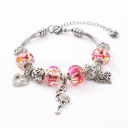 304 Stainless Steel European Bracelets, with Glass Rondelle Beads and Alloy Pendants and Beads, Flamingo & Heart, Hot Pink, Antique Silver, 7-7/8 inch(20cm)