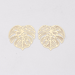 Brass Pendants, Tropical Leaf Charms, Etched Metal Embellishments, Long-Lasting Plated, Monstera Leaf, Light Gold, 26x26x0.3mm, Hole: 1.2mm