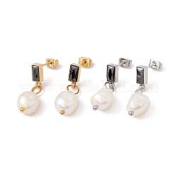 Rettangolo di strass jet con orecchini pendenti con perle naturali, 304 gioiello in acciaio inossidabile per donna, colore misto, 25mm, ago :0.7mm