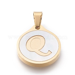 304 Stainless Steel Pendants, with Shell, Flat Round with Alphabet, Golden, Letter.Q, 20.5x18x2.5mm, Hole: 7x4mm