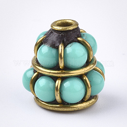 Perles Indonésiennes manuelles, avec les accessoires en laiton, or, turquoise, 12x11~11.5mm, Trou: 2mm