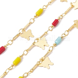 Handmade Eco-friendly Brass Butterfly & Star Charms Chain, with Glass Rectangle Beaded, Real 18K Gold Plated, Lead Free & Cadmium Free, Soldered, with Spool, Colorful, 14x2.5x2.5mm, 8.5x1x1mm