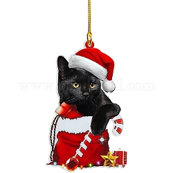Decorazione pendente in acrilico a forma di gatto di Natale, con corda in nylon e campanello in ferro, per ornamento da appendere allo specchietto retrovisore dell'auto, scactola, 79.5x48.5x4mm, Foro: 2.5 mm