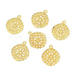 Плоские круглые латунные цветок филигранные фурнитуры брелоки кулоны, золотые, 15x13x0.5 мм, отверстие : 1 мм
