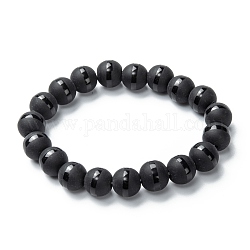 Frosted Glass Beads Stretch Bracelets, Round with Circle Pattern, Black, Beads: 9x10mm, Inner Diameter: 1-7/8 inch(4.9cm)
