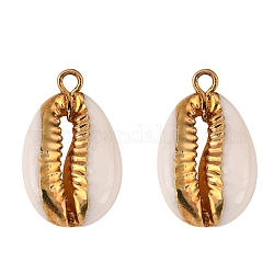 Cowrie Shell Pendants, with Metal Findings, Natural Color, Golden, 17~25x10~15x5~7mm, Hole: 1.5mm