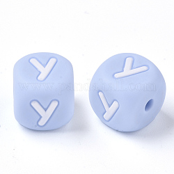 Food Grade Eco-Friendly Silicone Beads, Horizontal Hole, Chewing Beads For Teethers, DIY Nursing Necklaces Making, Letter Style, Cube, Light Sky Blue, Letter.Y, 10x10x10mm, Hole: 2mm