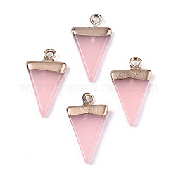Pendentifs en résine électrolytique, imitation quartz rose, avec dessus plaqué or clair et passants en fer, triangle, rose, 22.5x13x3mm, Trou: 1.8mm