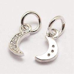 Brass Micro Pave Grade AAA Cubic Zirconia Charms, Long-Lasting Plated, Moon, Cadmium Free & Nickel Free & Lead Free, Real Platinum Plated, 9x4x1mm, Hole: 3mm