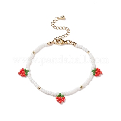 Bracelet breloques tressées fraise graine de verre pour femme, rouge, 7-5/8 pouce (19.5 cm), pendentifs: 10x8.5x3 mm