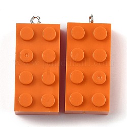 Opaque Acrylic Pendants, with Platinum Iron Loop, Long Rectangle Building Block Charms, Orange, 36x16x11.5mm, Hole: 1.5mm