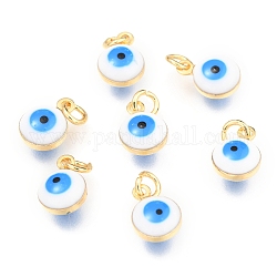 Brass Enamel Beads, Real 18K Gold Plated,Long-Lasting Plated, with Jump Ring, Flat Round with Evil Eye, White, 9.5x6.5x4.5mm, Hole: 2.5mm