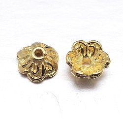 Real 18K Gold Plated 6-Petal 925 Sterling Silver Bead Caps, Flower, Golden, 7x3.5mm, Hole: 1.5mm, about 52pcs/20g