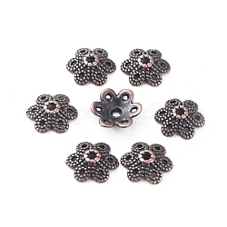 Tibetan Style Bead Caps, Lead Free, Flower, Red Copper Color, Size: about 11mm long, 11mm wide, 5mm thick, hole: 1mm