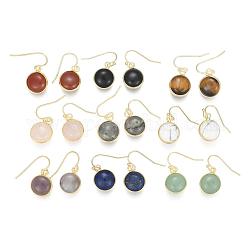 Flat Round Golden Tone Brass Natural & Synthetic Mixed Stone Dangle Earrings, 27mm, Pin: 0.7mm