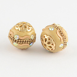 Round Handmade Grade A Rhinestone Indonesia Beads, with Alloy Golden Metal Color Cores, Wheat, 18mm, Hole: 2mm