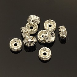 Perline distanziatori strass in ottone, grado B, chiaro, colore argento placcato, misura:circa8mm di diametro, 3.8 mm di spessore, Foro: 1.5 mm