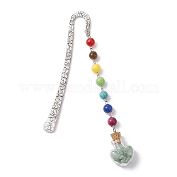 7 perle de pierre précieuse de chakra et marque-pages pendentif en forme de cœur en verre d'aventurine verte naturelle, marque-pages crochet en alliage, 153mm