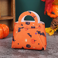 Bolsas de regalo de tela no tejida con tema de halloween con asa, bolsas de dulces, trapezoide con patrón de calabaza y murciélago, arena marrón, 12.4x6.5x12.5 cm