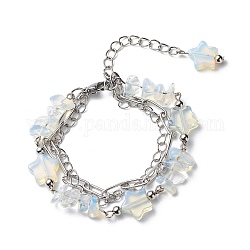 Bracelets multirangs perles opalite étoile, 304 chaînes de trombones en acier inoxydable et gourmettes en laiton bracelets pour femmes, couleur inoxydable, 7 pouce (17.8 cm)