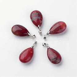 Ciondoli diaspro rosso naturale, con accessori di ottone, lacrima, 24~25x15~16x8~10mm, Foro: 5x4 mm
