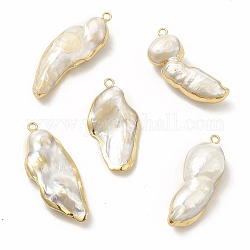 Baroque Natural Keshi Pearl Pendants, Nuggets Charms, with Brass Loops, Light Gold, 32~39x12~17x5~11mm, Hole: 1.6~1.8mm