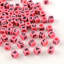 Letter Style Opaque Acrylic Beads, Horizontal Hole, Cube, Hot Pink, 6x6x6mm, Hole: 3.5mm, about 2700pcs/500g