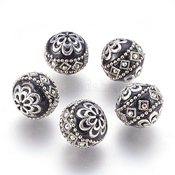 Perles Indonésiennes manuelles, avec les accessoires en métal, ronde, argent antique, noir, 19.5x19mm, Trou: 1mm